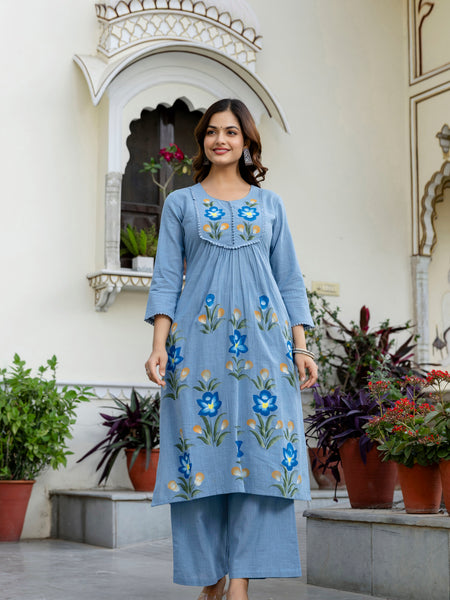 EthniFlair Phulari Pleated Kurta with Pyjama & Dupatta
