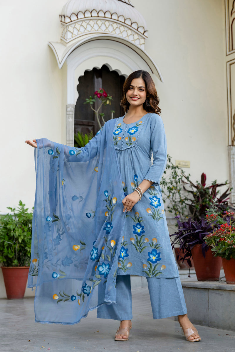 EthniFlair Phulari Pleated Kurta with Pyjama & Dupatta