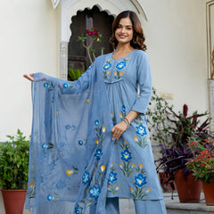 EthniFlair Phulari Pleated Kurta with Pyjama & Dupatta