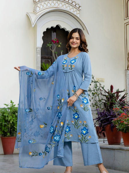EthniFlair Phulari Pleated Kurta with Pyjama & Dupatta
