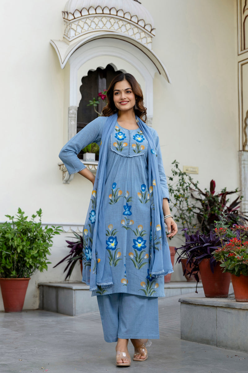 EthniFlair Phulari Pleated Kurta with Pyjama & Dupatta