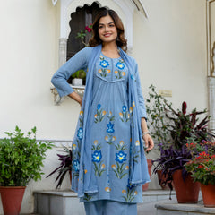 EthniFlair Phulari Pleated Kurta with Pyjama & Dupatta