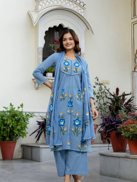 EthniFlair Phulari Pleated Kurta with Pyjama & Dupatta
