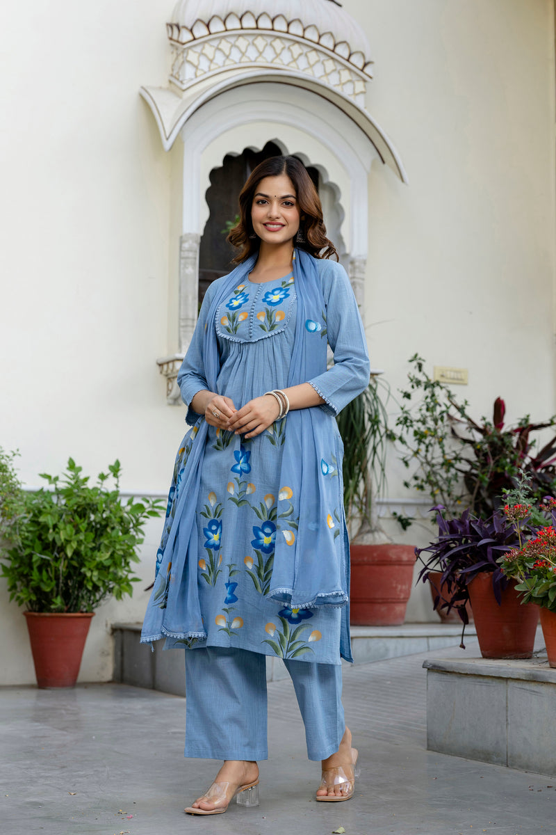 EthniFlair Phulari Pleated Kurta with Pyjama & Dupatta