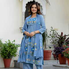 EthniFlair Phulari Pleated Kurta with Pyjama & Dupatta