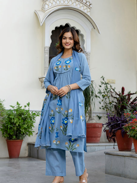 EthniFlair Phulari Pleated Kurta with Pyjama & Dupatta