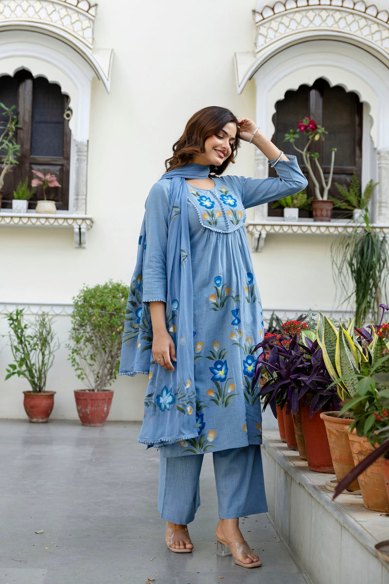 EthniFlair Phulari Pleated Kurta with Pyjama & Dupatta