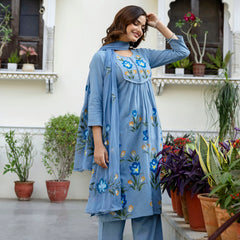 EthniFlair Phulari Pleated Kurta with Pyjama & Dupatta