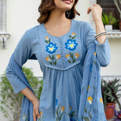 EthniFlair Phulari Pleated Kurta with Pyjama & Dupatta