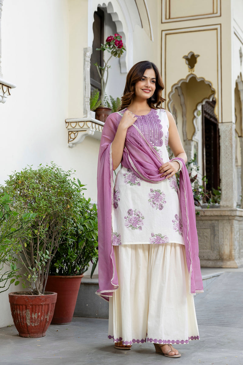 EthniFlair Floral Embroidered Aari Work Kurta with Sharara & Dupatta