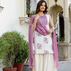 EthniFlair Floral Embroidered Aari Work Kurta with Sharara & Dupatta