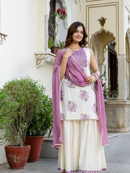 EthniFlair Floral Embroidered Aari Work Kurta with Sharara & Dupatta