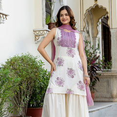 EthniFlair Floral Embroidered Aari Work Kurta with Sharara & Dupatta
