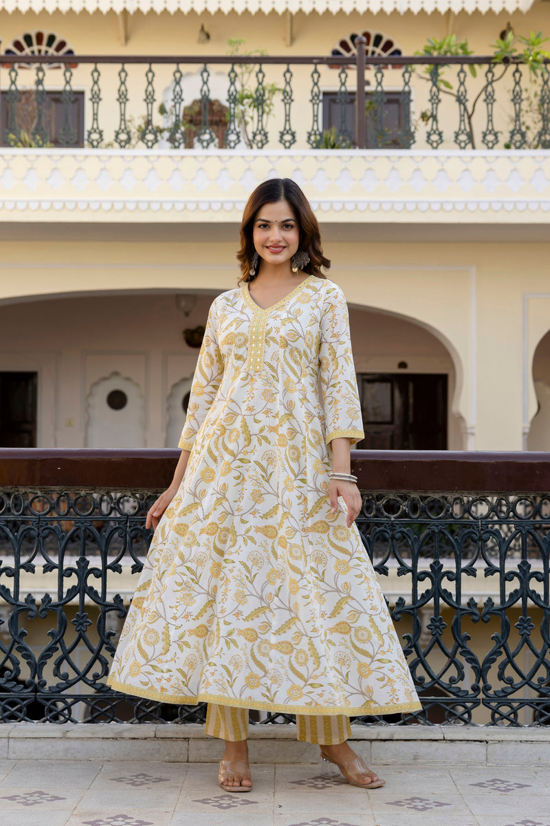 EthniFlair Floral Printed Mirror Work Anarkali Kurta With Trousers & Dupatta