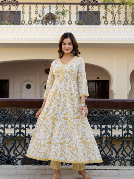 EthniFlair Floral Printed Mirror Work Anarkali Kurta With Trousers & Dupatta