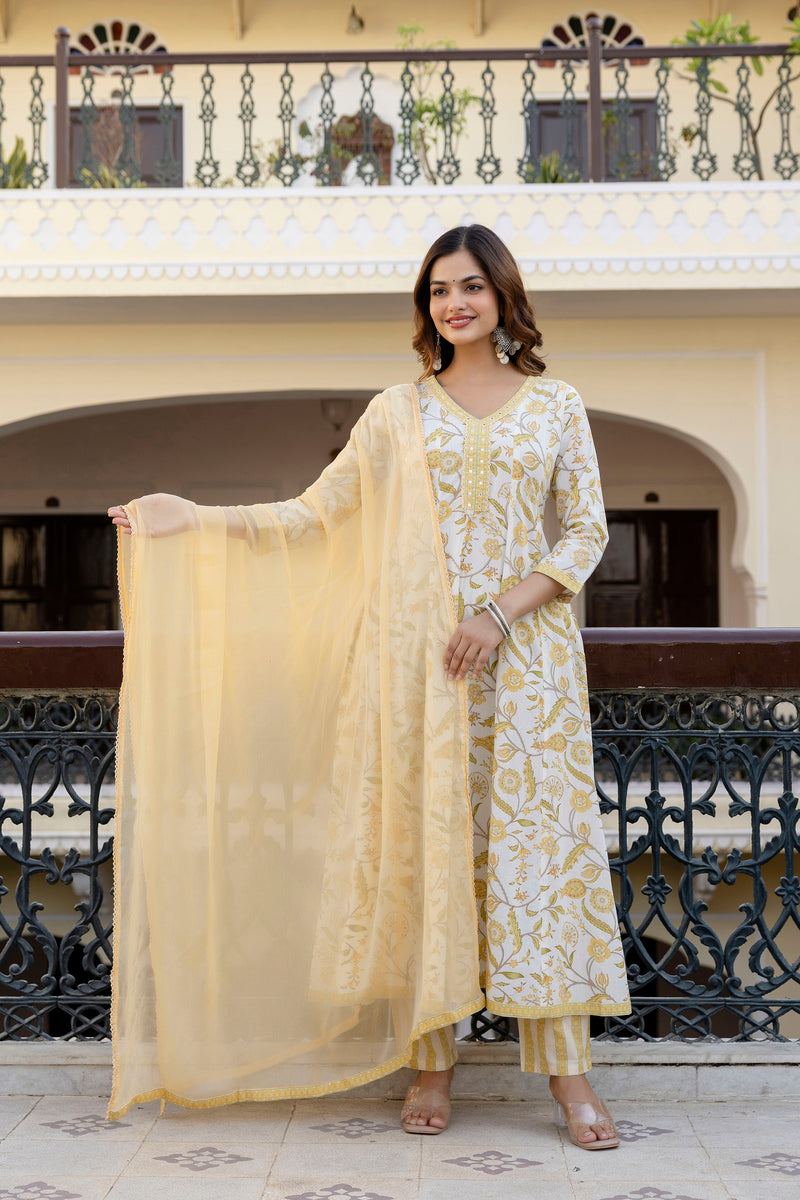 EthniFlair Floral Printed Mirror Work Anarkali Kurta With Trousers & Dupatta