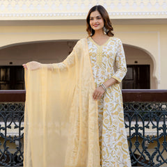 EthniFlair Floral Printed Mirror Work Anarkali Kurta With Trousers & Dupatta