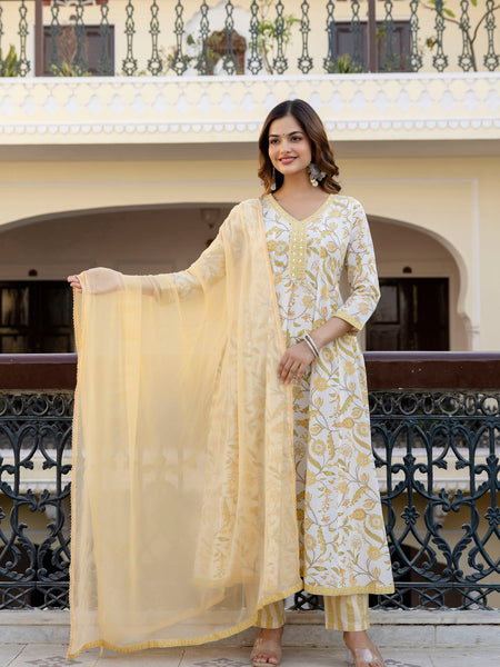 EthniFlair Floral Printed Mirror Work Anarkali Kurta With Trousers & Dupatta