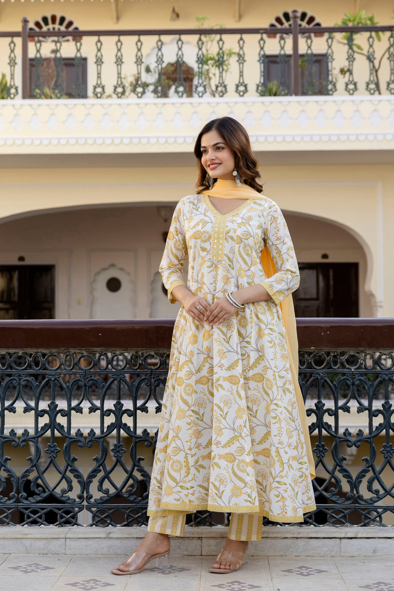 EthniFlair Floral Printed Mirror Work Anarkali Kurta With Trousers & Dupatta