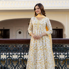 EthniFlair Floral Printed Mirror Work Anarkali Kurta With Trousers & Dupatta
