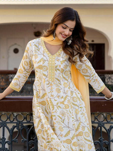 EthniFlair Floral Printed Mirror Work Anarkali Kurta With Trousers & Dupatta