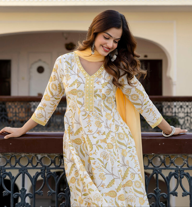 EthniFlair Floral Printed Mirror Work Anarkali Kurta With Trousers & Dupatta