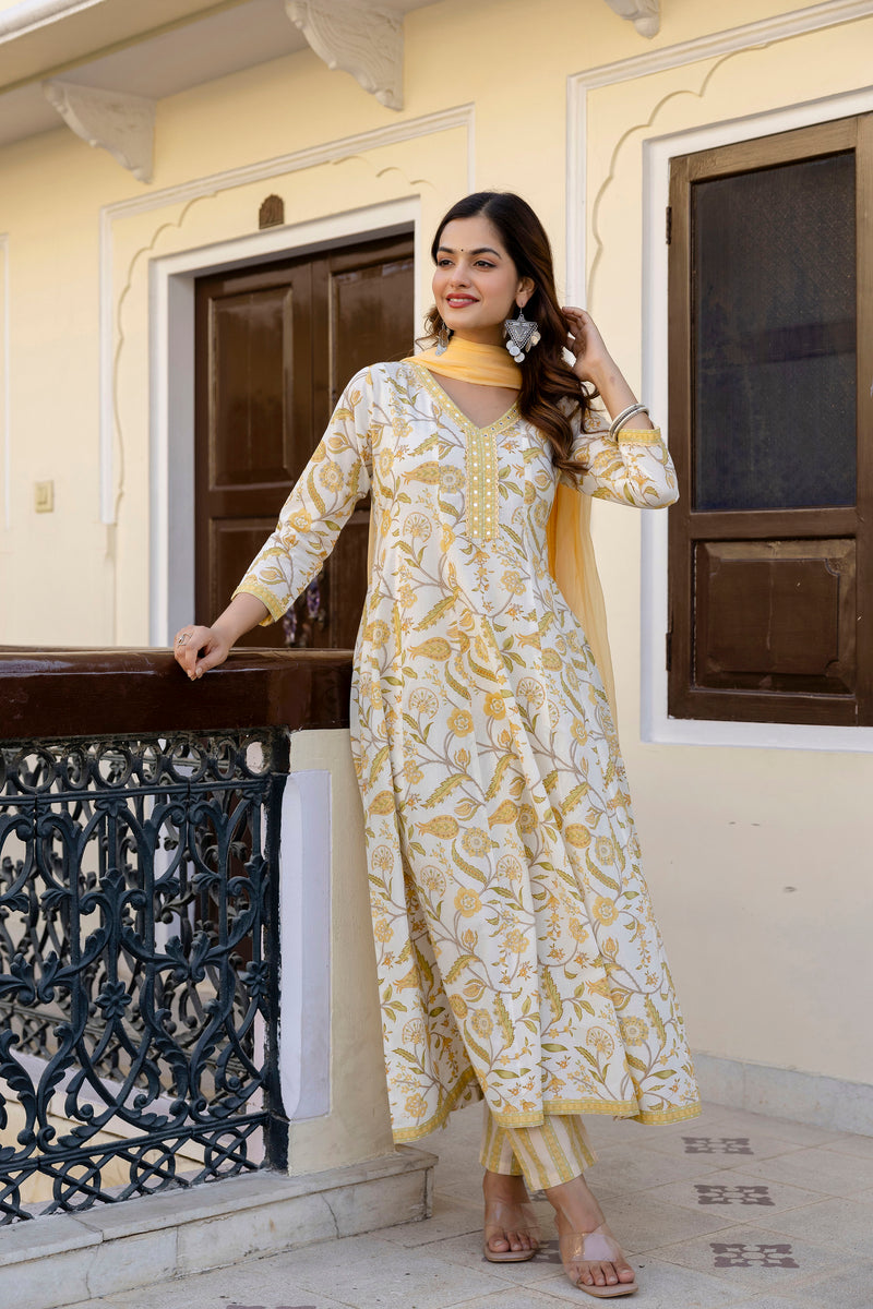 EthniFlair Floral Printed Mirror Work Anarkali Kurta With Trousers & Dupatta
