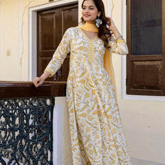 EthniFlair Floral Printed Mirror Work Anarkali Kurta With Trousers & Dupatta