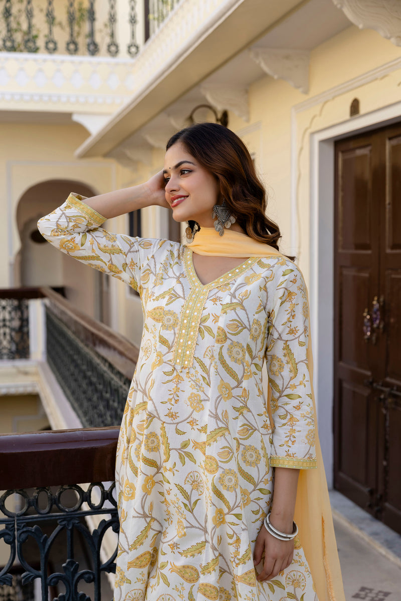 EthniFlair Floral Printed Mirror Work Anarkali Kurta With Trousers & Dupatta