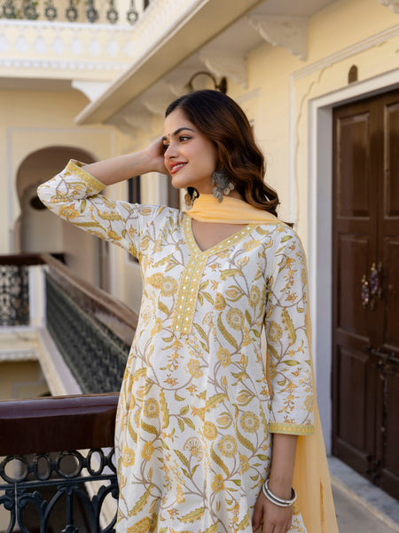 EthniFlair Floral Printed Mirror Work Anarkali Kurta With Trousers & Dupatta
