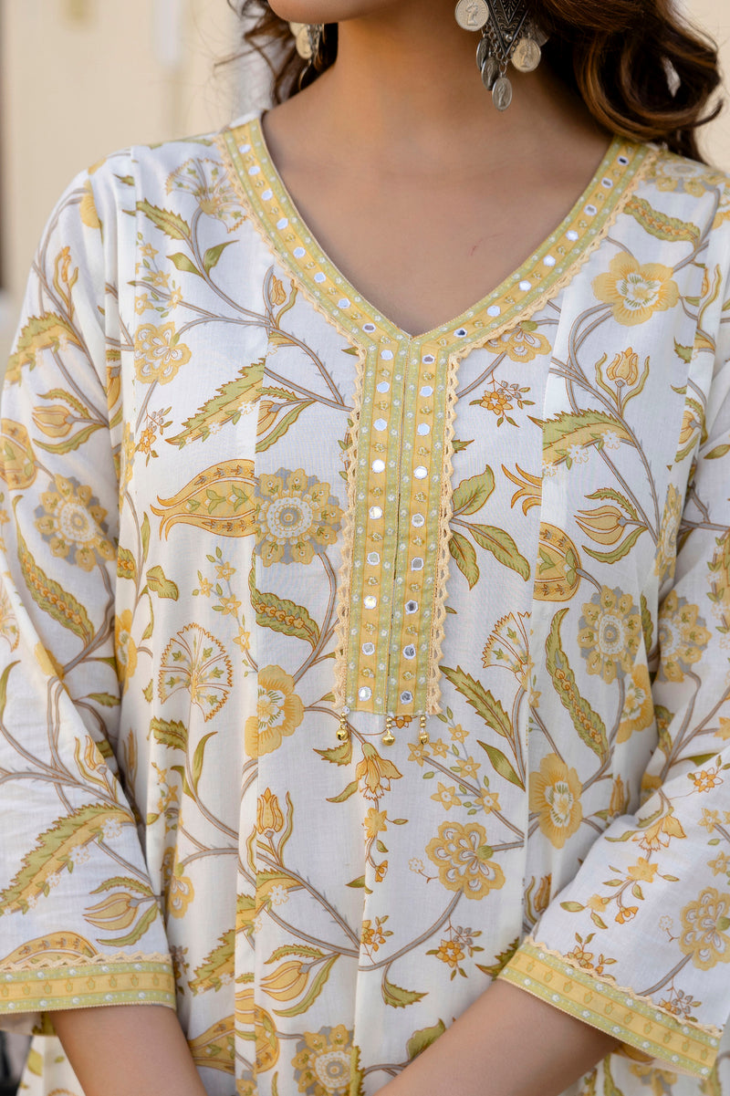 EthniFlair Floral Printed Mirror Work Anarkali Kurta With Trousers & Dupatta