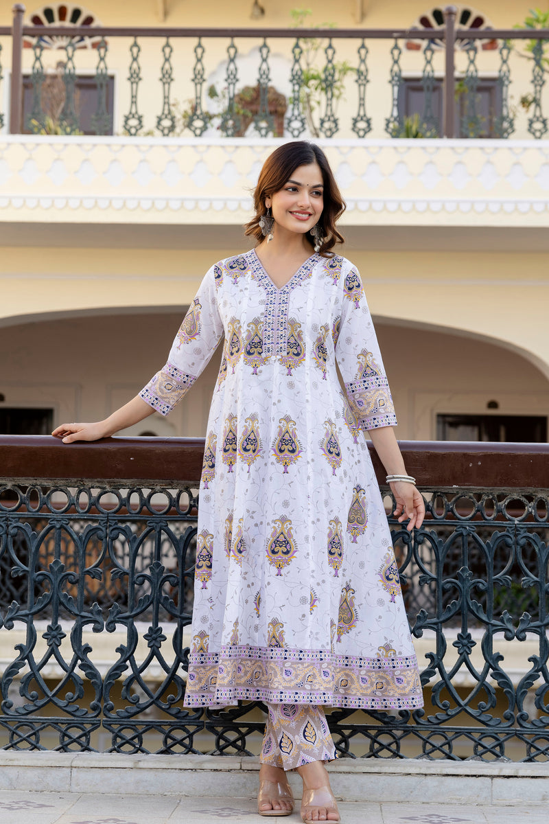 EthniFlair Floral Printed V Neck Anarkali Kurta & Trousers With Dupatta