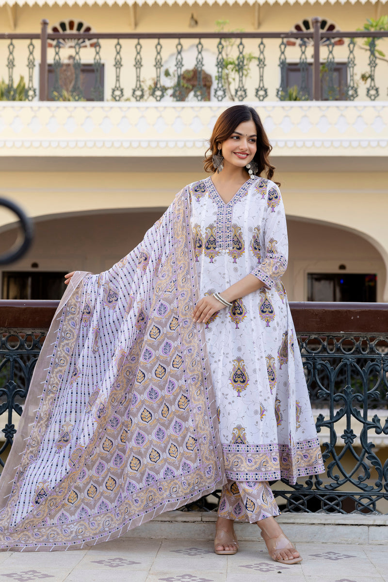 EthniFlair Floral Printed V Neck Anarkali Kurta & Trousers With Dupatta