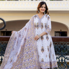 EthniFlair Floral Printed V Neck Anarkali Kurta & Trousers With Dupatta
