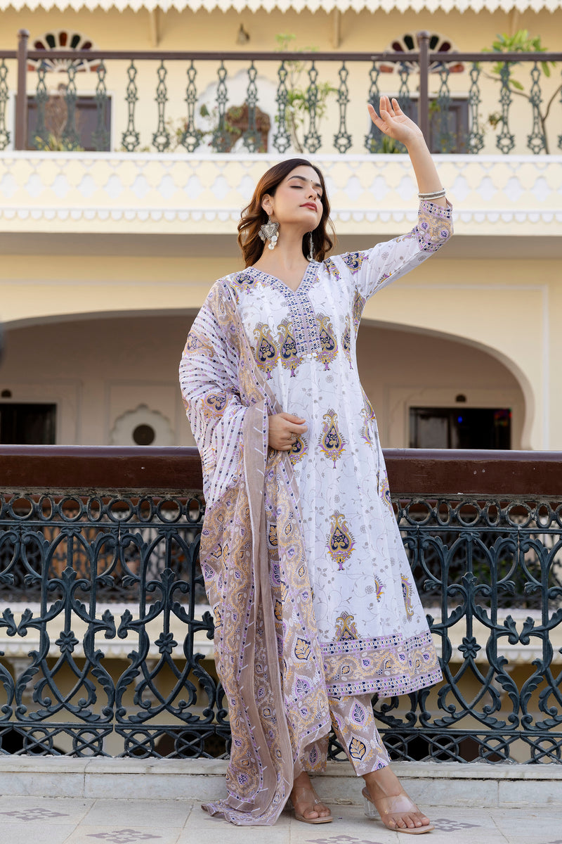 EthniFlair Floral Printed V Neck Anarkali Kurta & Trousers With Dupatta