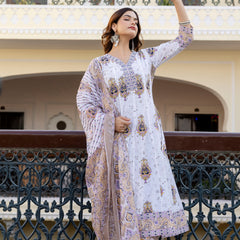 EthniFlair Floral Printed V Neck Anarkali Kurta & Trousers With Dupatta
