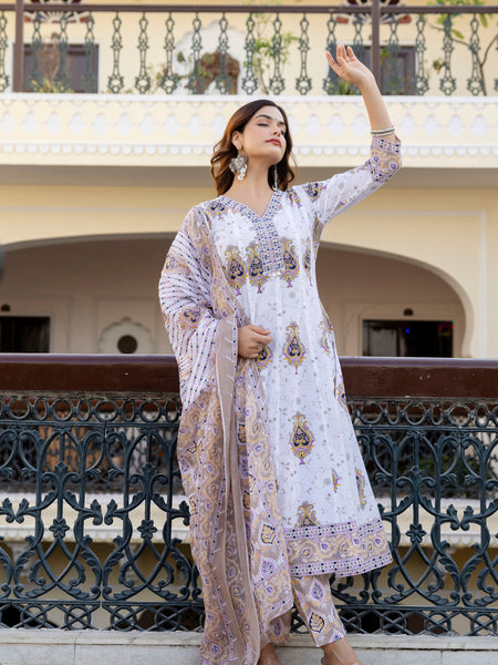 EthniFlair Floral Printed V Neck Anarkali Kurta & Trousers With Dupatta