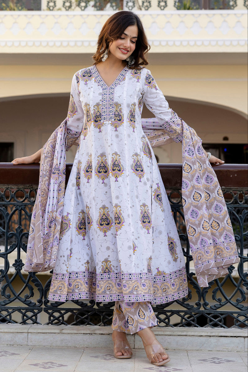 EthniFlair Floral Printed V Neck Anarkali Kurta & Trousers With Dupatta