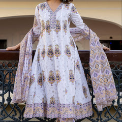 EthniFlair Floral Printed V Neck Anarkali Kurta & Trousers With Dupatta