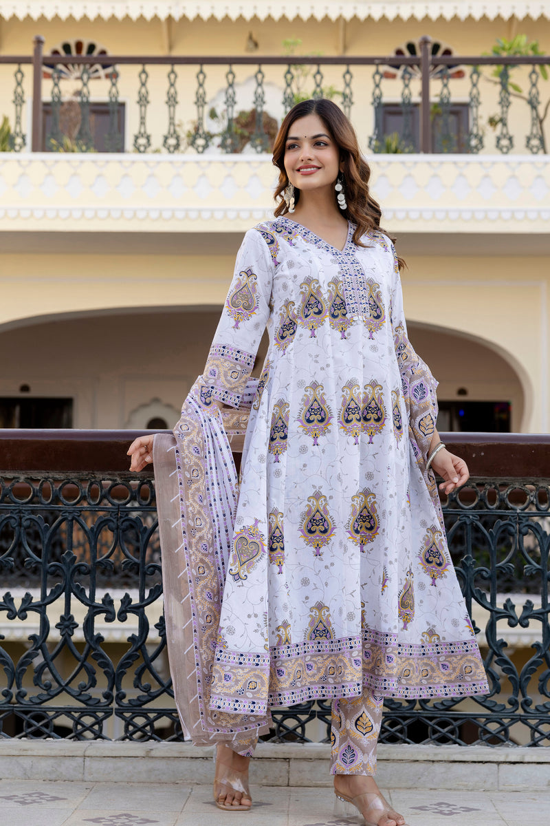 EthniFlair Floral Printed V Neck Anarkali Kurta & Trousers With Dupatta