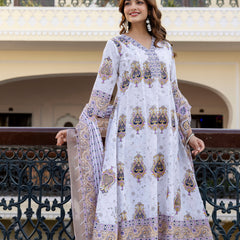 EthniFlair Floral Printed V Neck Anarkali Kurta & Trousers With Dupatta