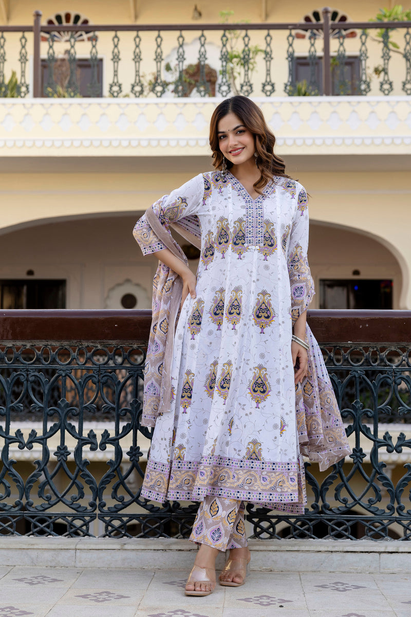 EthniFlair Floral Printed V Neck Anarkali Kurta & Trousers With Dupatta