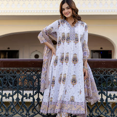EthniFlair Floral Printed V Neck Anarkali Kurta & Trousers With Dupatta