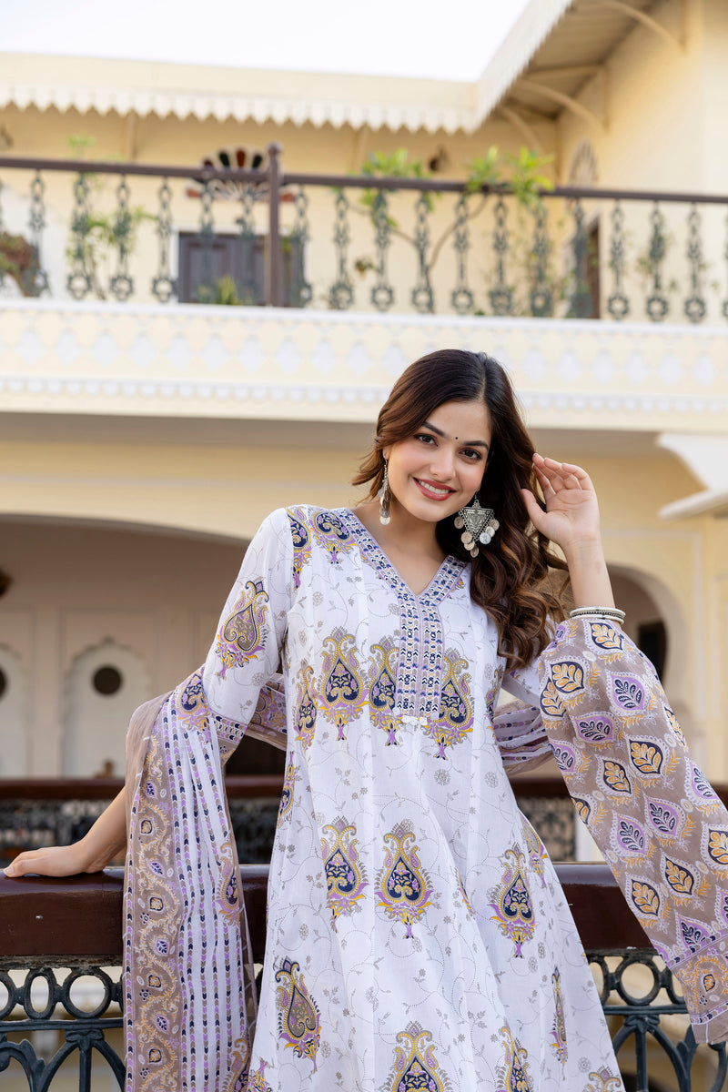 EthniFlair Floral Printed V Neck Anarkali Kurta & Trousers With Dupatta