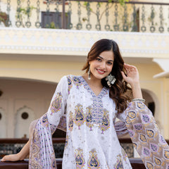 EthniFlair Floral Printed V Neck Anarkali Kurta & Trousers With Dupatta