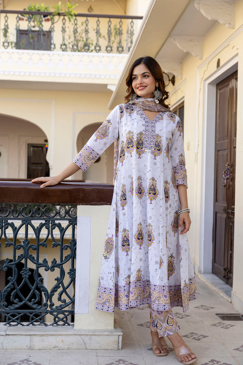 EthniFlair Floral Printed V Neck Anarkali Kurta & Trousers With Dupatta