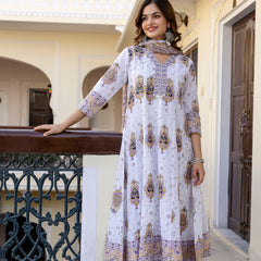 EthniFlair Floral Printed V Neck Anarkali Kurta & Trousers With Dupatta