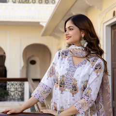EthniFlair Floral Printed V Neck Anarkali Kurta & Trousers With Dupatta