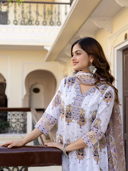 EthniFlair Floral Printed V Neck Anarkali Kurta & Trousers With Dupatta