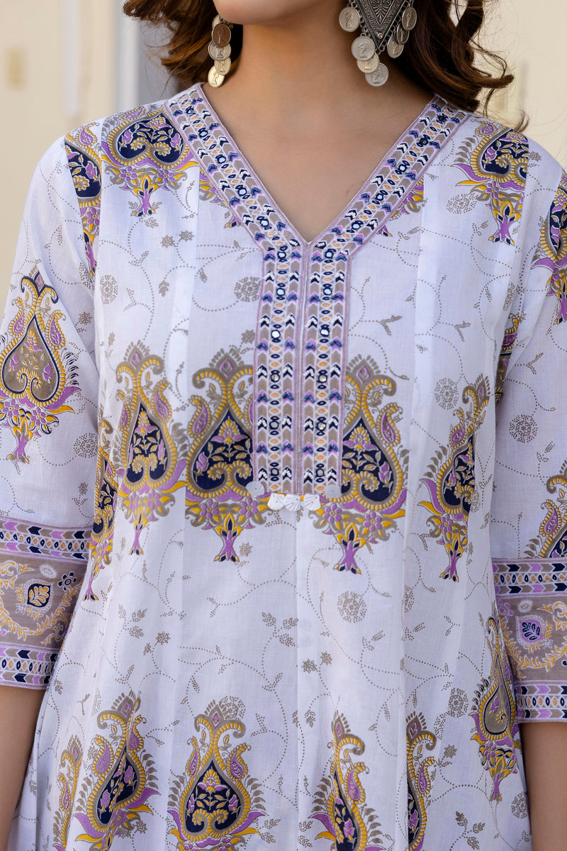 EthniFlair Floral Printed V Neck Anarkali Kurta & Trousers With Dupatta